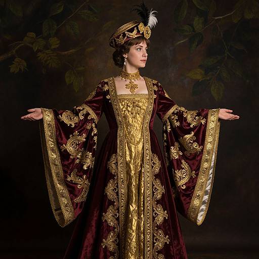 Photograph of a Victorian-style woman in an ornate, gold-embroidered maroon dress with wide sleeves, black feathered hat, and