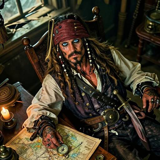 Photograph of a grizzled, blue-eyed pirate with tattered clothes, red bandana, and gold buttons, mapping on a wooden desk by