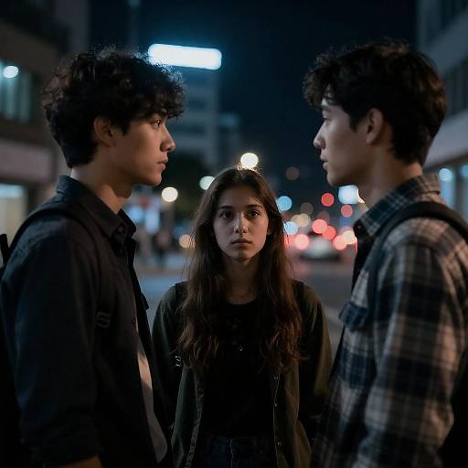 Photograph of three young people, two males with curly hair in dark jackets, and a female with long brown hair in black, standing on a nighttime