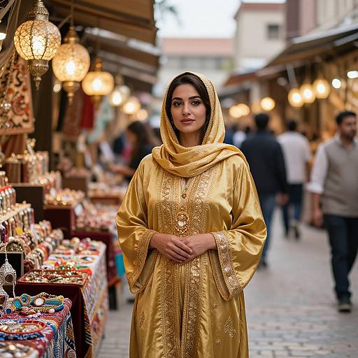 Photograph of a young woman with dark hair, wearing a gold embroidered traditional dress and headscarf, standing in a bustling, illuminated bazaar with