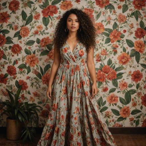 Woman in Floral Dress Against Matching Floral Background