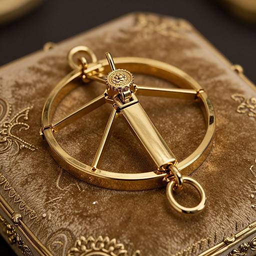 Photograph of an ornate, gold, circular locket with a central diamond, placed on a textured, embossed, gold-embellished
