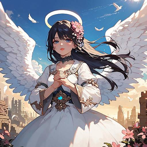 Anime Angel Girl with Wings and Halo