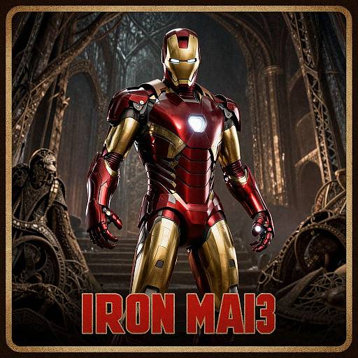 Digital artwork of Iron Man standing in a dark, gothic cathedral with ornate arches and machinery in the background. 