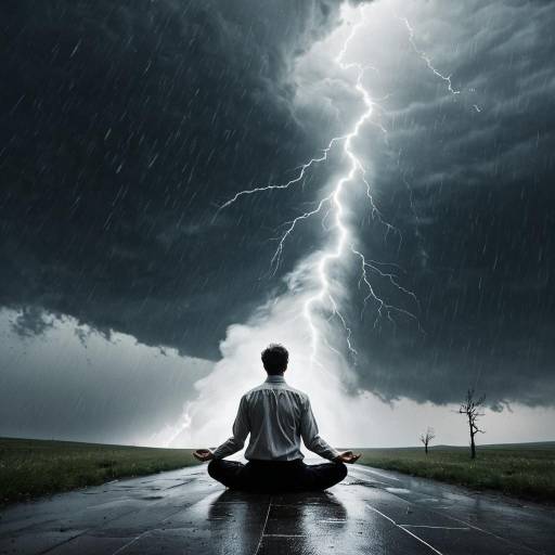 Meditating Man Amid Storm and Lightning