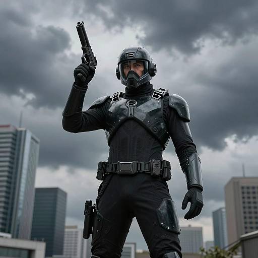 Futuristic Armored Soldier with Gun in Cityscape