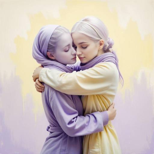 Two Women Embracing in Pastel Clothing