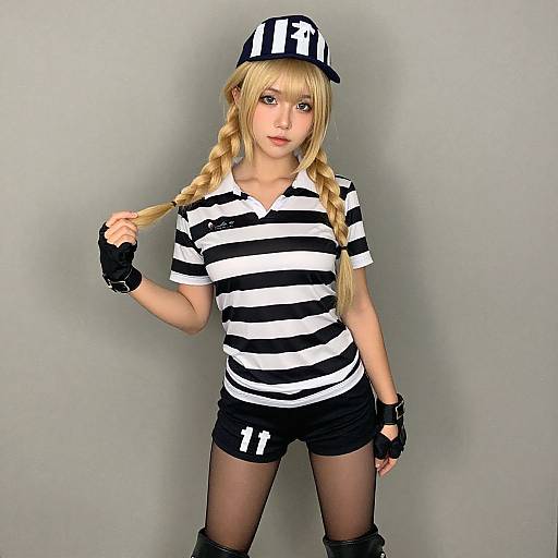 Photograph of a blonde woman in a black-and-white striped shirt, black shorts, fishnet stockings, black gloves, and a black-and-white hat