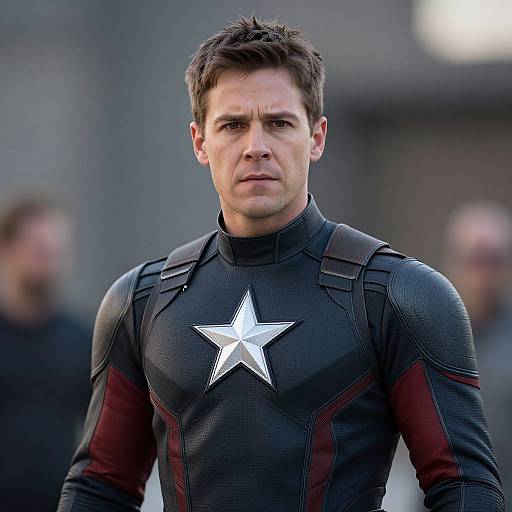 Photograph of a serious-looking man with short brown hair, wearing a black and maroon superhero suit with a white star, standing outdoors. Blurred