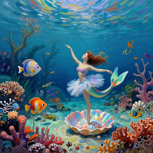 Digital artwork of a mermaid with a colorful tail, white tutu, and seashell bra, dancing underwater among vibrant corals, fish,