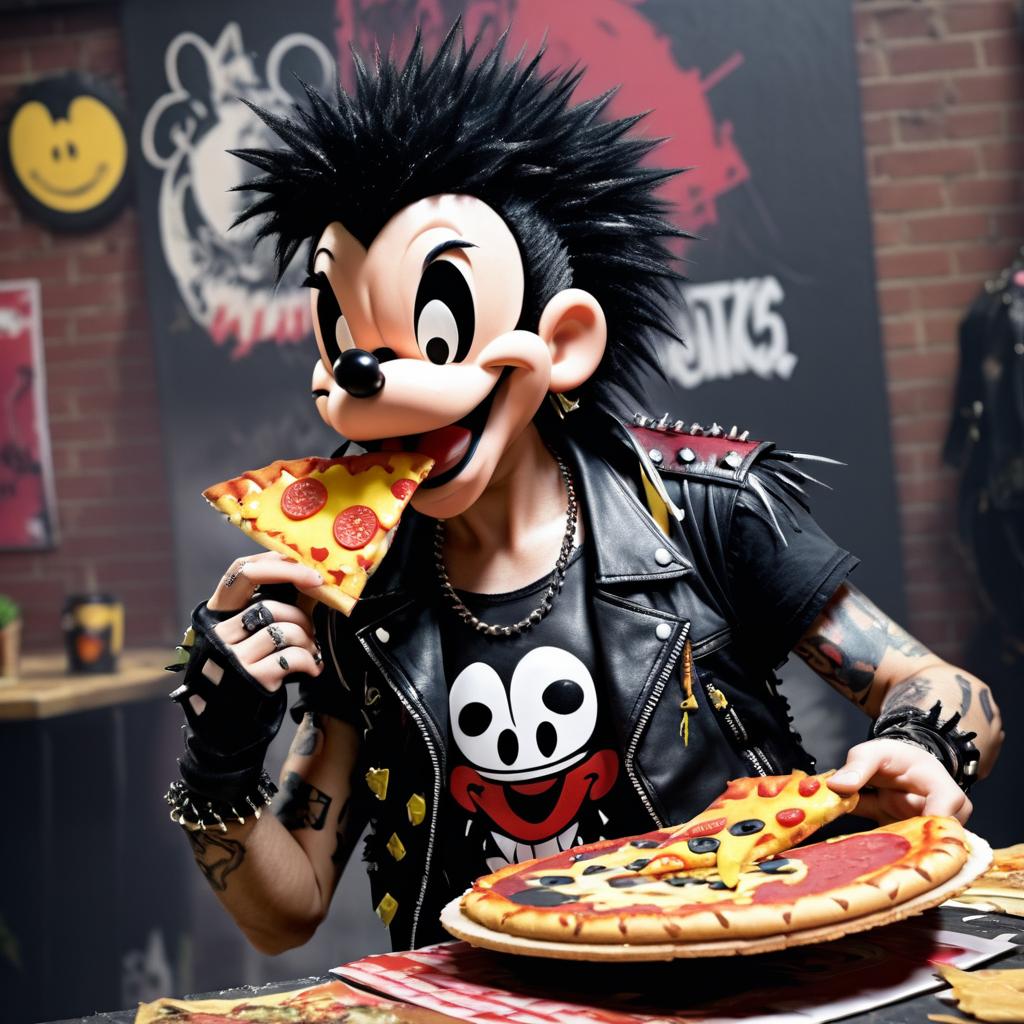 Punk Rock Mickey Mouse Enjoying Pizza