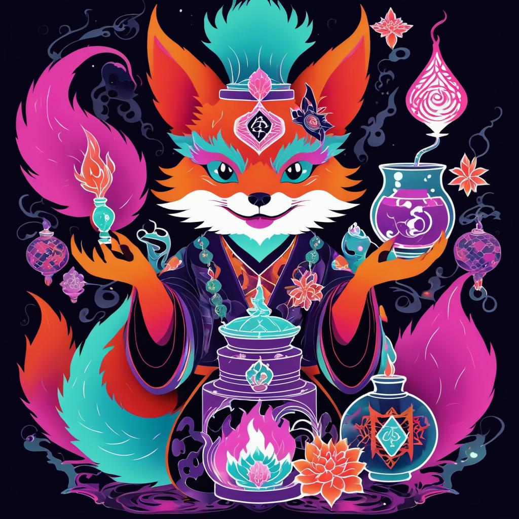 Psychedelic Fox Dragon with Potions