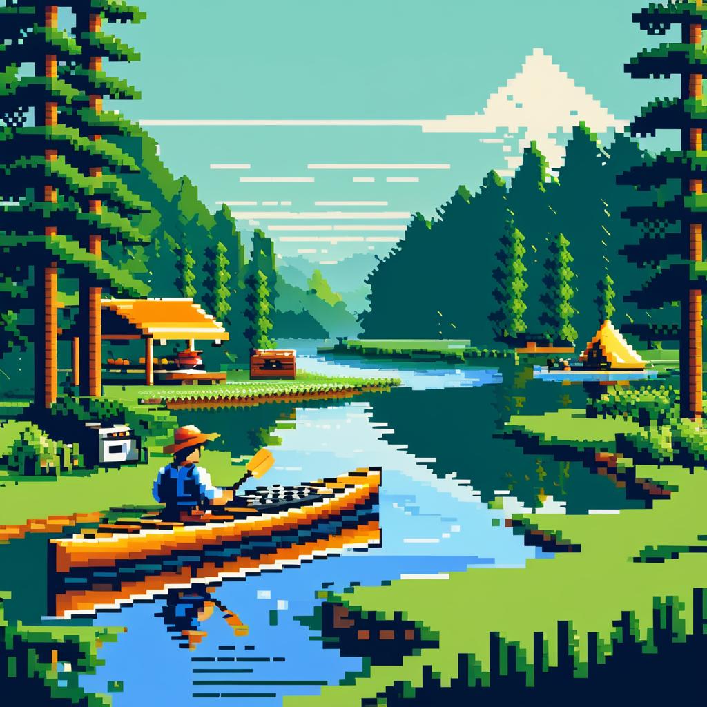 Pixel Art Kayaker Cooking Scene