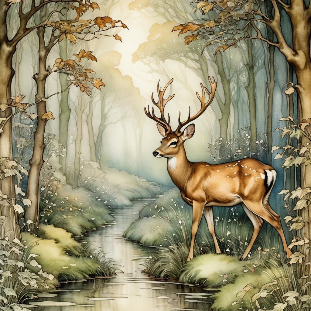 Whimsical Deer in Intricate Forest Scene