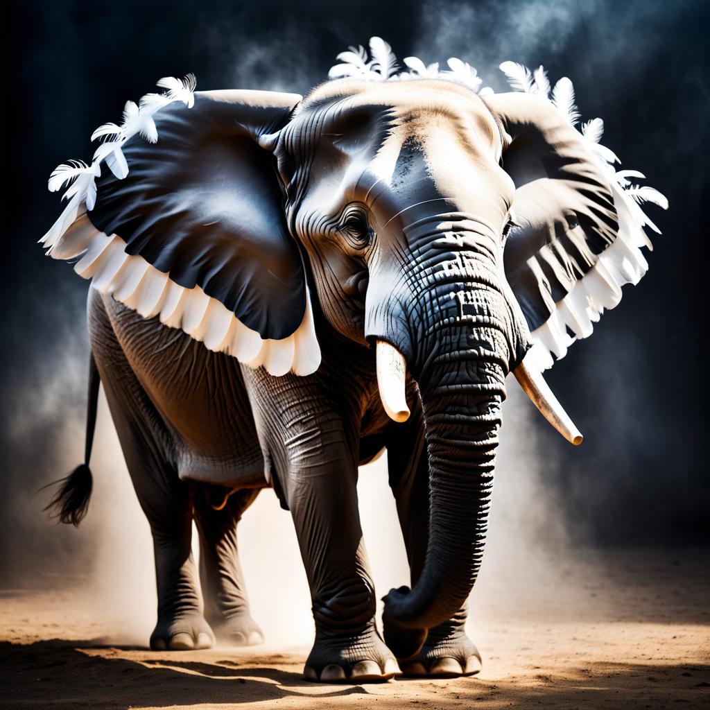 Elegant Feathered Elephant with Dramatic Lighting