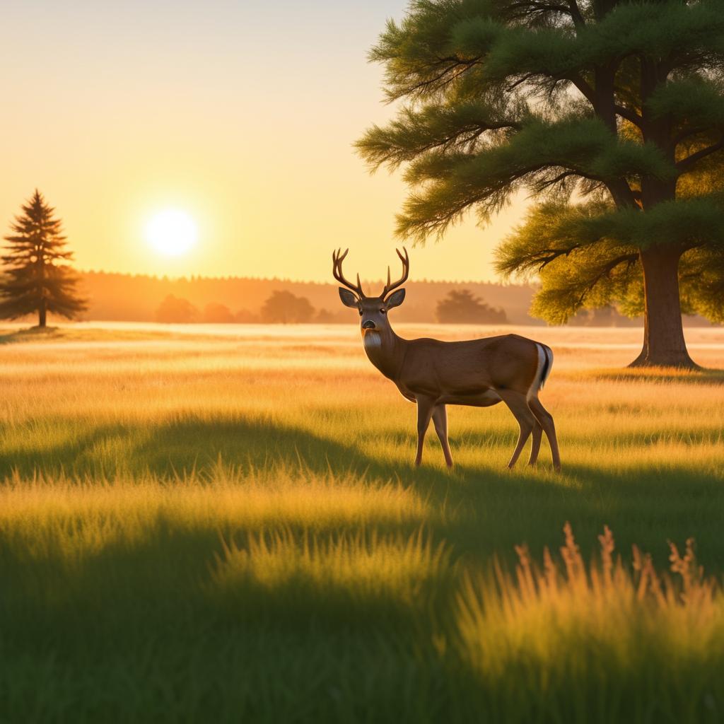 Serene Sunset Meadow with Grazing Deer