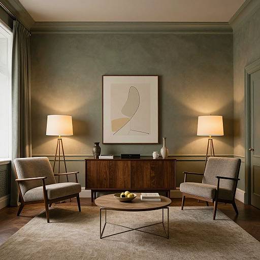 Photograph of a modern living room with green walls, wooden furniture, two beige armchairs, oval coffee table, lamps, abstract art, and