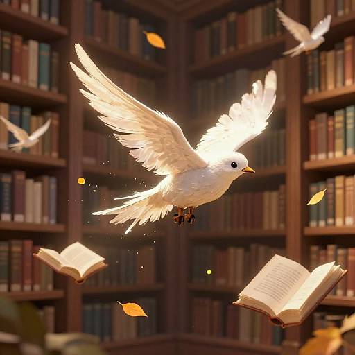 Photograph of a white dove with glowing wings flying over a library filled with bookshelves, with floating books and autumn leaves.