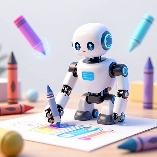 CGI image of a cute, white robot with blue eyes and black accents, drawing with a pencil on paper surrounded by colorful crayons.