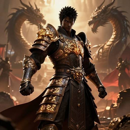 Epic CGI of a muscular, dark-haired warrior in ornate, glowing gold armor, standing confidently with fists clenched, surrounded by fiery chaos and