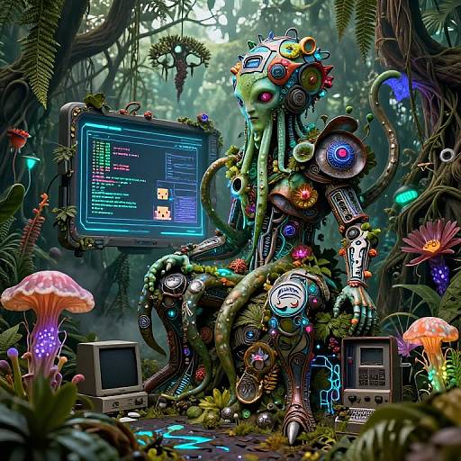 Cybernetic AI Sculpture in Biomechanical Jungle