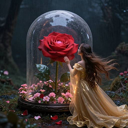 A fairytale illustration of a woman in a golden gown touching a giant red rose under a glass dome, surrounded by pink flowers, in a dark