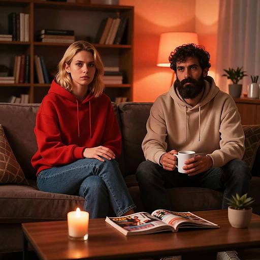 Photograph of a blonde woman in a red hoodie and blue jeans, and a bearded man in a beige hoodie, sitting on a brown couch,