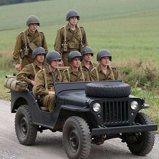 WWII Soldiers in Vintage Military Jeep