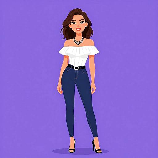 Digital illustration of a smiling woman with long brown hair, wearing an off-shoulder white top, dark blue jeans, black belt, necklace, and