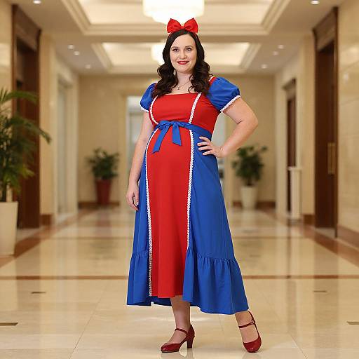 Photograph of a smiling woman with long black hair, wearing a red and blue vintage Alice in Wonderland dress, red bow, and red heels, standing