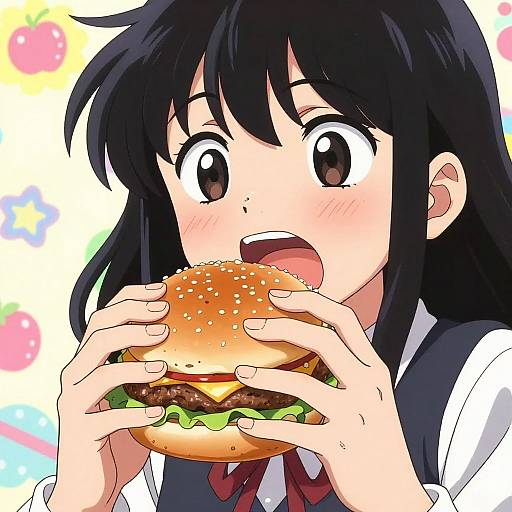 Anime-style digital drawing of a black-haired girl with large brown eyes, blushing and excitedly eating a large burger with lettuce, cheese, and tomato