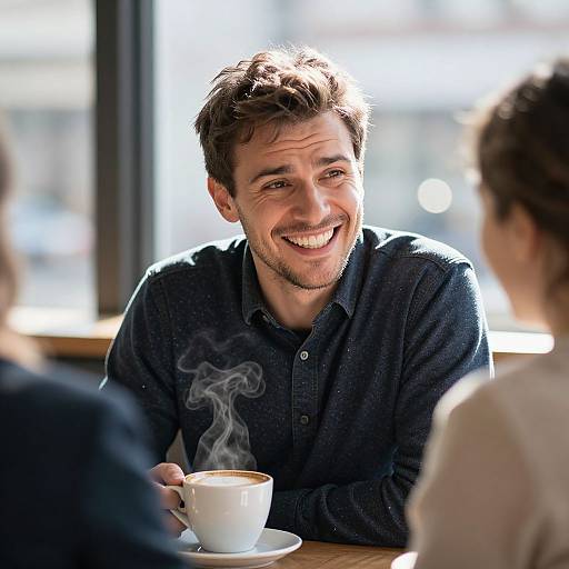Photograph of a smiling man with short brown hair, wearing a dark blue shirt, holding a steaming cup of coffee, seated at a sunlit