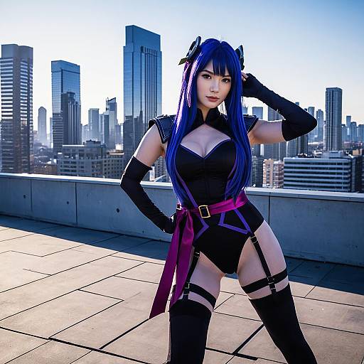 Woman in Violet Cosplay Bodysuit on Rooftop