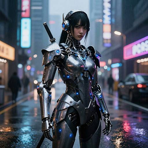 Futuristic Cybernetic Samurai in Neon City
