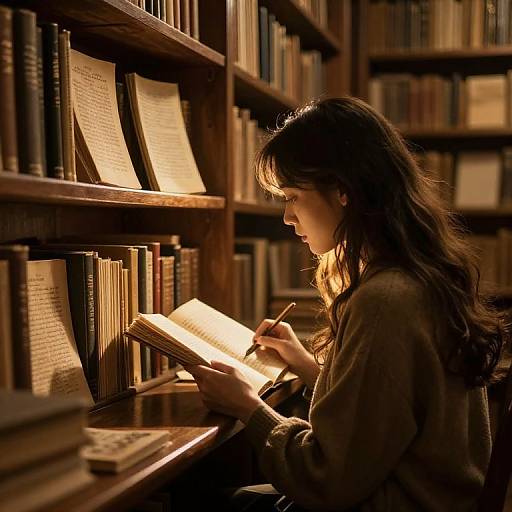 Photograph of a young woman with long brown hair reading a book illuminated by warm library shelf light, surrounded by books.