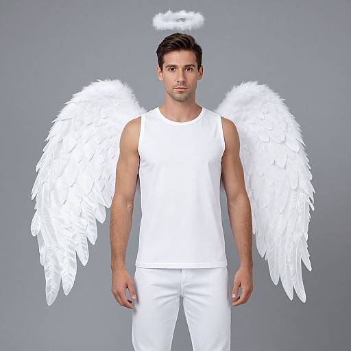 Photograph of a muscular, fair-skinned man with short brown hair, wearing a white tank top and pants, with large white angel wings and a