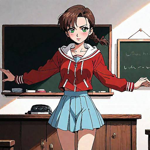 Anime-style digital illustration of a blushing girl with green eyes, brown hair in a braid, wearing a red hoodie and blue pleated skirt,