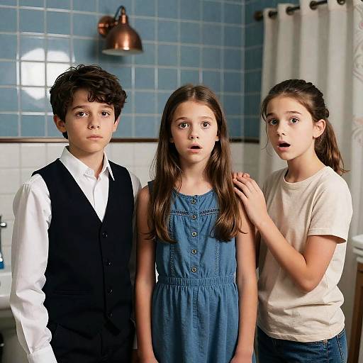 Surprised Children in Bathroom Scene