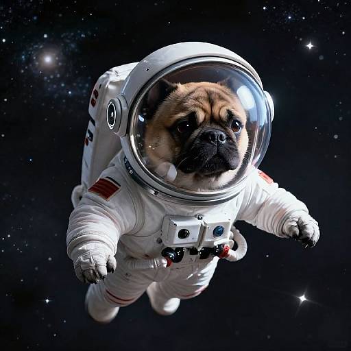 Photorealistic digital image of a pug in a white astronaut suit with a clear helmet, floating in a starry space background.