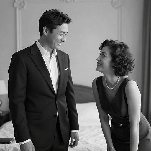 Black and White Portrait of Smiling Couple in Elegant Attire