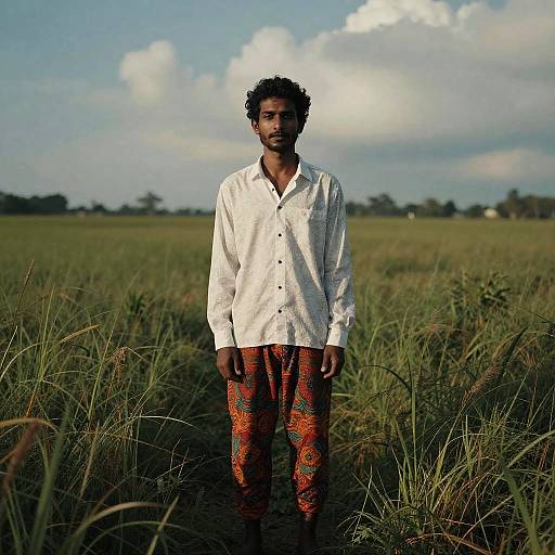 Man Standing in Tall Grass Field