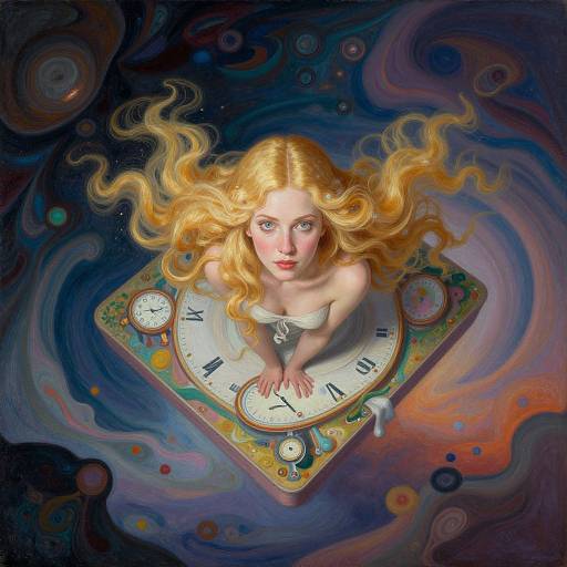 Digital painting of a blonde woman with flowing hair, wearing a white strapless top, leaning on a floating clock against a swirling cosmic background.