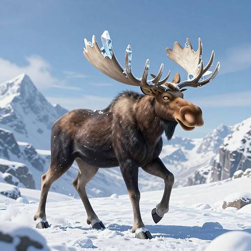 CGI image of a majestic moose with large, ice-encrusted antlers walking through a snowy, mountainous landscape under a clear blue