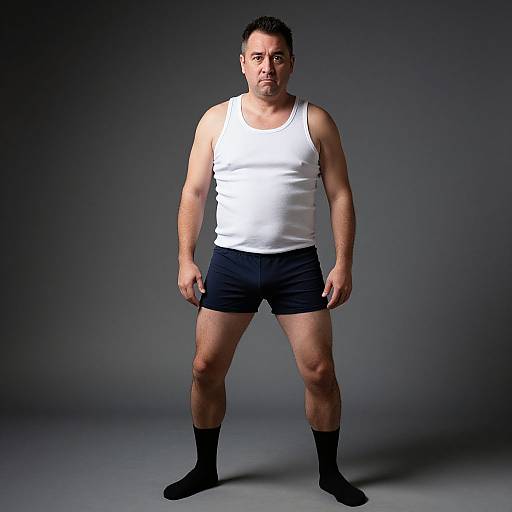 Photograph of a muscular, middle-aged man with short dark hair, wearing a white tank top, black shorts, and black socks, standing confidently against
