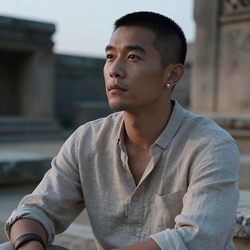 Contemplative Asian Man in Linen Shirt at Ancient Ruins