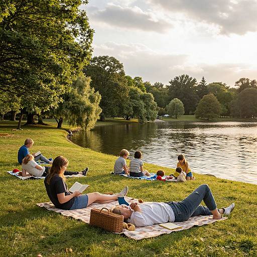 Photograph of a sunny park with people lounging on grass by a lake, some reading, others chatting, surrounded by trees.