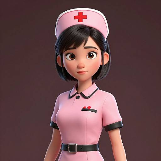 3D CGI image of a cute, young Asian nurse with black bob hair, wearing a pink uniform, black trim, and a white nurse hat with