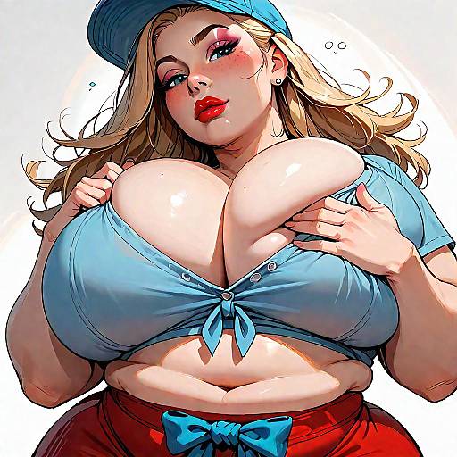 Obese Middle-Aged Woman Pufferfish Close-Up