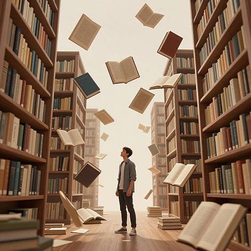 Photograph of a young man in a library aisle, surrounded by floating, flying books, standing amidst tall wooden bookshelves.