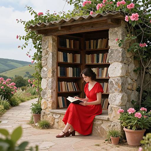 Photograph: Woman in red dress reading book, sitting on stone bench with wooden bookshelf, surrounded by pink flowers, rustic garden path, rolling hills